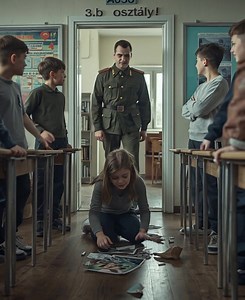 A nyolcéves lányom a hideg linóleumon térdelt, és zokogva szedegette össze édesanyja szétszakított fényképét, miközben három fiú kárörvendően nevetett rajta. Az egyik még oda is sziszegte: „Menj csak, panaszkodj neki!” – nem tudták, hogy az apja ott áll az ajtóban, katonai egyenruhában, és mindent hall. 😡💔 Aznap reggel csak kitettük egymást. Én és Lili. A Zsámbéki Általános előtt, ahol a vörös téglák között kifakult „Légy kedves!” molinók lógtak, és az iroda ajtaján mindig ugyanaz az elhasznál