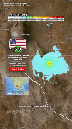 Western Texas Earthquake - Culberson County, 193.1 km (120 mi) east of El Paso, Texas, USA ▶️ Local time at epicenter: Saturday, May 3, 2025, at 08:47 pm (GMT -5) ▶️ Epicenter: Culberson County, Texas, USA ▶️ Magnitude: 5.3 ▶️ Depth: 6.3 km #earth44 #earthquake #earthquakes #texas #fyp #viral #trending | Earth44