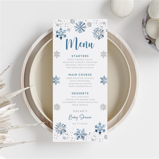 Editable Winter Baby Shower Menu Card, Blue Snowflakes Food List Template, (digital Download) - Etsy