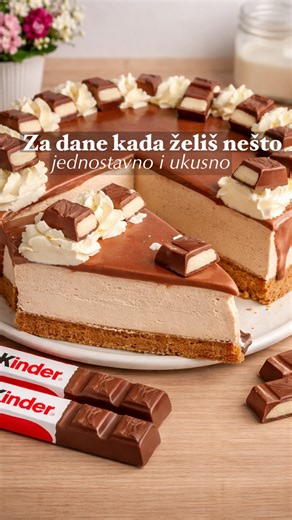 Jasmina Spiodic on Instagram: "Preukusna kremasta kinder torta koja se napravi za čas . Potrebno vam je: Kora: 200 gr mljevenog keksa 50gr istopljenog maslaca 15 kasika mlijeka Sve sastojke pomiješati ,utapkati u obruču 20cm. Krema: 200 gr ABC sira(ili nekog drugog) 500ml slatke pavlake 12komada kinder čokoladica 1 kesica (10gr)želatina Zelatin pripremiti po upustvu sa vrećice ,kada nabubri ,otpopiti ga. Čokoladice istopiti,ostaviti da strane. Sir,slatku pavlaku,istopljene kinder čokoladice ,zel