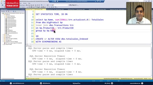 [New Premium Video Alert] Indexed Views in SQL Server (by Amit R S Bansal SQLMaestros) Watch the full video: https://bit.ly/sqlmaestros More Premium Videos: https://bit.ly/sqlpremiumcontent Share. #SQLServer #SQL #TSQL #AzureSQL #SQLServerWithAmitBansal Follow AB on twitter https://www.twitter.com/A_Bansal | SQLServerGeeks.com