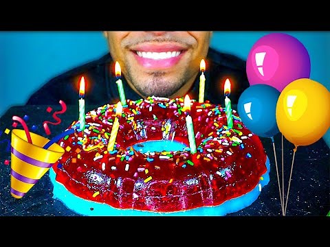 HAPPY BIRTHDAY CAKE JERRY ASMR EATING JELLO GUMMY CAKE TALKING BIG BITES MUKBANG