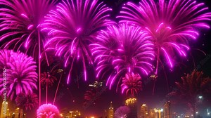 Spectacular fireworks lighting up the night sky above a bustling city skyline, Vibrant fireworks display over a city skyline on New Year's Eve