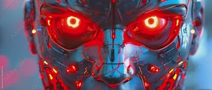 A close-up view of a futuristic, menacing robot with glowing red eyes and intricate mechanical details. Experience the intensity and advanced technology of this sci-fi creation in high definition.
