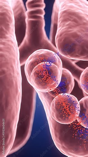 Cinematic CGI Visualization of Respiratory Aging Demonstrating Cellular Degeneration and Particle Exchange with Soft Lighting and Translucent Cells on a Dark Background for Medical Education
