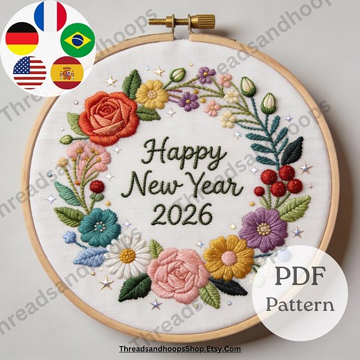 Happy New Year 2026 Embroidery Pattern PDF, Floral Wreath New Year Hoop Art, Modern Hand Embroidery Design for Beginners - Etsy