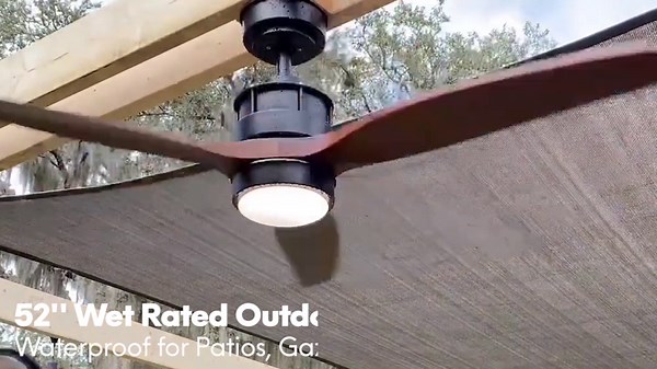 EKIZNSN 52 Inch Wet Rated Outdoor Ceiling Fan for Patios with Light, IPX4 Waterproof, Bronze DC Motor w 6 Speeds, 3 Reversible Walnut Wood Blades, Black