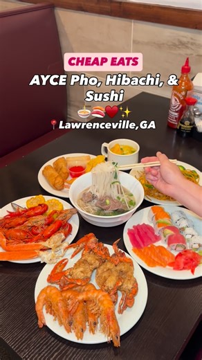 Ishy 💜 | ATL Based on Instagram: "CHEAP EATS: AYCE Pho, Sushi, and Hibachi in Lawrenceville,GA 🍣 Hibachi Grill Supreme Buffet in Lawrenceville is one of the best budget-friendly eats in town. Their $13.99 lunch special (Monday–Friday) offers unlimited pho, hibachi, and Chinese dishes. Dinner is where the real fun begins at $19.99 you can enjoy unlimited crawfish, crab legs, seafood boil, sushi, and a wide variety of other seafood options. Don’t forget to grab some ice cream to finish off your