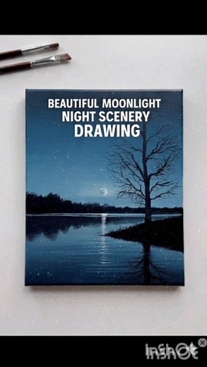 Beautiful Moonlight Night Scenery Drawing | Relaxing Nature Painting | Tree & Water Reflection Art