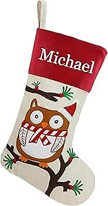 DearSun 18" Dia Personalized Christmas Stocking with Embroidered Names, Lovely Christmas Owl Designs Quality Linen Stockings for Holiday Family Decor(Owl-2)
