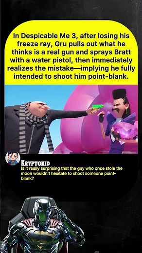 In Despicable Me 3, after losing his freeze ray, Gru pulls out what he thinks is a real gun and spr