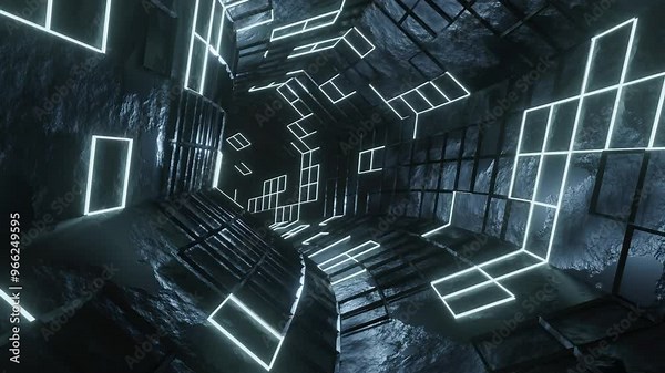 Futuristic hexagonal tunnel with black stone walls decorated with random glowing web framework. Smooth movement on the tunnel hole and find the round light.