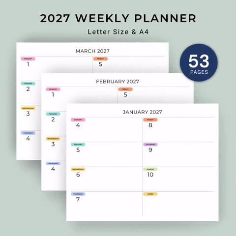 2027 Planner Bundle Printable Calendar & Planner Pack 2027 Yearly Monthly Weekly Planners to Do List Notes Brain Dump A3 A4 US Letter Color - Etsy