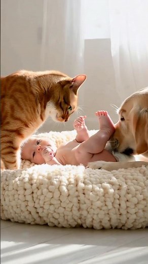 "Pure Love! 🐱🐶 Cat & Dog Gently Licking a Baby 💕" #purelove #puppies #kitten #petlovers
