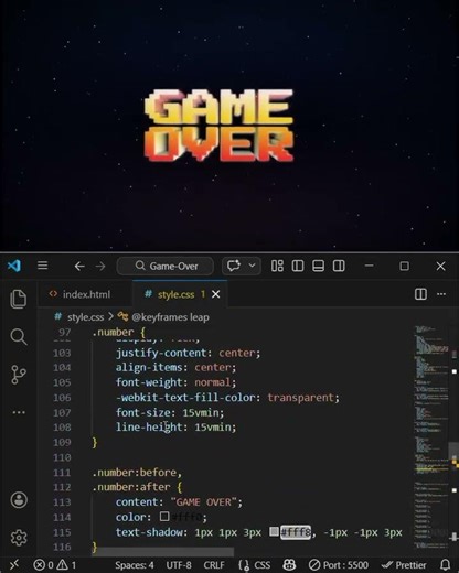 How to create Game Over by using HTML and CSS in VS code.