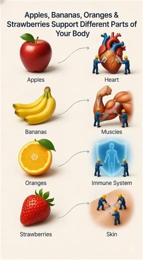 Nature has provided us with amazing fruits that support different parts of our body! In this video, discover how: 🍎 Apples – Support Heart Health 🍌 Bananas – Strengthen Muscles 🍊 Oranges – Boost Immune System 🍓 Strawberries – Nourish Skin Health Watch this colorful and informative video to learn about the powerful benefits of these everyday fruits. Add them to your diet for a healthier life#follow #comment #likе