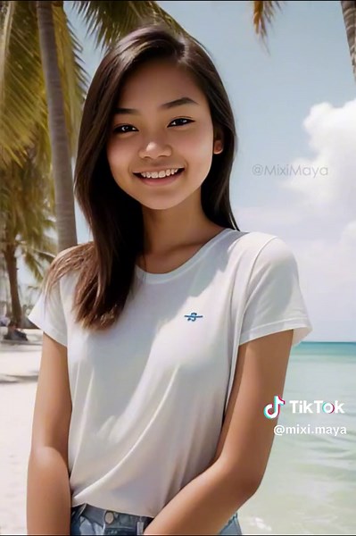 Cute Asian girl wearing white t-shirt on the beach