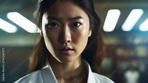 An East Asian female judoka standing in a dynamic stance her face in focus her body slightly out of focus against a judo environment.
