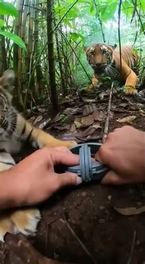 Tiger cub’s leg caught in plastic collar trap