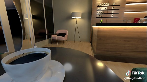 Coffee shop 3D model that highlights various design and layout with cozy seating areas, a counter for ordering. The design might include elements like wooden textures, modern lighting fixtures, and large windows for natural light. Overall, it aims to create a warm and welcoming atmosphere for customers. #coffee #coffeeshop #3dmodel #sketchup #interiordesign #thegiftedhoc #fyp #trini_tiktoks