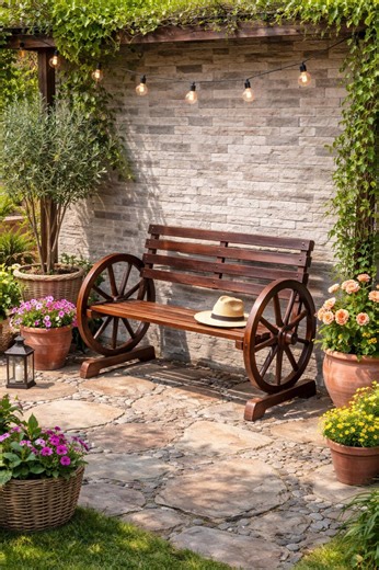 Wooden Wagon Wheel Bench Outdoor Patio Rustic Garden Seat Two Person Farmhouse Style - Etsy