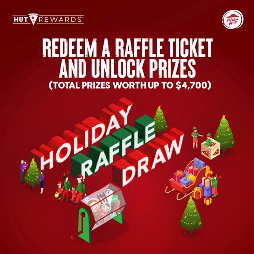 It's the most wonderful time of the year – and we've got prizes to prove it! 🎄​ Exclusively for our Hut Reward Members: Earn Slices, redeem raffle tickets and stand a chance to win prizes (total worth up to $4,700) such as a holiday of your choice, Apple iPhone 16, Staycation at Marina Bay Sands, Nintendo Switch and a MEGA SPACE MOLLY 400%. ✨​ ​ 🍕 How it works:​ 1️⃣ Spend $1 = 1 Slice 🍕​ 2️⃣ Redeem 30 Slices for 1 raffle ticket 🎟️​ 3️⃣ Collect more tickets to boost your chances!​ Raffle clos