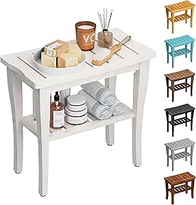 Bamboo Shower Bench Stool with Storage Shelf, Waterproof Shower Chair Spa Bath Seat, Shower Stool for Inside, Bathroom Bench Seat for Adults Elderly Seniors for Indoor or Outdoor Use(White)