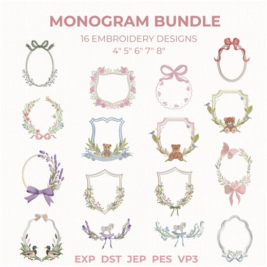 Floral Monogram Frame Embroidery Designs, Crest, Wedding (digital Download) - Etsy