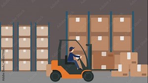 Male driver operating a forklift with a carton box in a warehouse. Logistics, warehousing, and material handling. Cartoon in 4k resolution, Seamless loop.