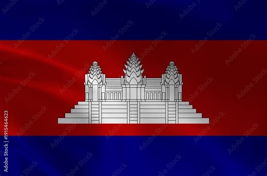 Cambodia National Flag Waving, 4K Seamless Loop Animation, Cambodian Kingdom Banner with Angkor Wat Symbol, Royal Blue and Red Fabric Motion Graphics