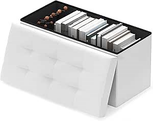 Folding Storage Ottoman Long Shoe Bench Storage Chest Fabric Foot Rest Upholstered Foot Stool Large Coffee Table Padded Seat for Living Room Entryway Bedroom Office White