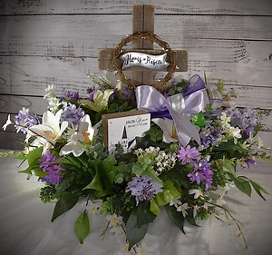 Spring, Easter, Cross Centerpiece, Lilies, Purple, White, Wood, Wildflowers - Etsy
