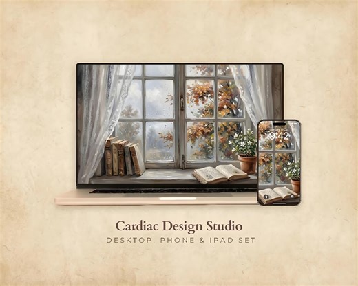 Whimsical Rainy Desktop Wallpaper Set, Autumn Leaves Phone Theme , Cozy Books iPhone Lock Screen , Vintage Style Painting iPad Background - Etsy