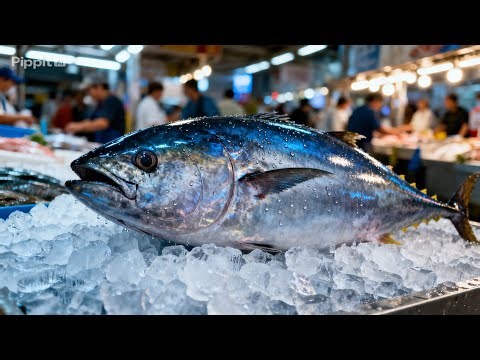The great performance cutting fresh tuna with amazing technique using sharp knife in fishmarkets