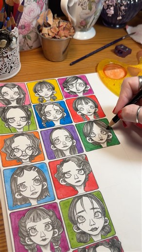Drawing with a black colored pencil and a bit of watercolor 🌺🌼🌸 a sheet full of mini drawings #art