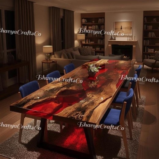 Red Epoxy Resin Dining Table – Live Edge Walnut Wood River Table - Etsy