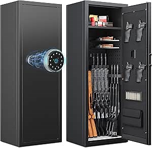 10-12 Gun Safe,Gun Safe for Rifles and Pistols, Gun Cabinet, Fingerprint Gun Safe and Password Lock, Biometric Gun Safe, Gun Safes for Home with Adjustable Shelves and Pistol Pouches