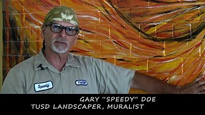#TeamTUSD: Meet Gary 'Speedy' Doe, a landscaper with Tucson Unified Facilities, with a passion for art. He created this incredible mural on a wall at Roberts Naylor K8 on his own time. The phoenix is the school mascot. He will begin painting sunsets down a long hall soon. He hopes to inspire students to pick up a paintbrush or a pencil. Thank you, Speedy, for this beautiful creation and for encouraging budding artists! #PROUD2BTUSD🍎 | Tucson Unified School District (TUSD)