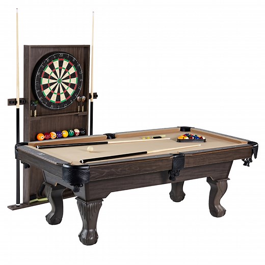 7.5 ft Billiard Pool Table with Cue Rack, Dartboard, and Game Accessories, Tan, by Barrington Billiards