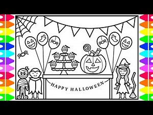 How to Draw a Halloween Party for Kids 🎃👻💜🖤💚Halloween Party Drawing and Coloring Pages for Kids