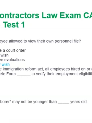 CALIFORNIA CONTRACTORS LAW EXAM PRACTICE TEST 1 (25 QUESTIONS) 1. A contractor must be licensed when the total cost of labor and materials is: A. $300 B. $400 C. $500 D. $600 ✅ Answer: C Explanation: California requires a license for jobs $500 or more, including labor and materials. 2. Which agency regulates contractors in California? A. Department of Consumer Affairs B. CSLB C. OSHA D. Department of Labor ✅ Answer: B Explanation: The Contractors State License Board (CSLB) regulates contractors.