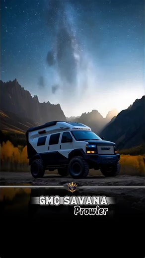 GMC Savana 4×4 | “Alpine Prowler” – AI digital design Mountain-ready muscle reimagined as a rolling alpine lodge. Heavy-duty armored two-tone body riding on 37″ mud-terrain tires, steel winch bumper and high-mount billet snorkel built to breathe above the snowline. Roof packed with a full solar array and panoramic skylights, flooding a handcrafted teak-and-walnut interior with light. Inside delivers pure comfort—quilted swivel captain’s seats, lounge dinette, massive 800Ah lithium system and col