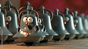 Cartoon animation of a group of bells eagerly lining up to perform in the annual bell ensemble. One cheeky bell keeps trying to in front of the others causing chaos