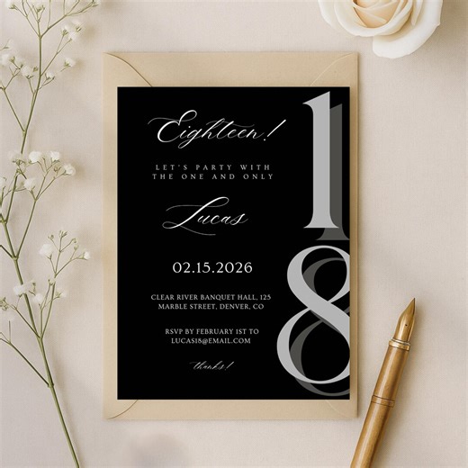 18th Birthday Invitation, Editable Canva Template Black and White Design, Printable Party Card - Etsy