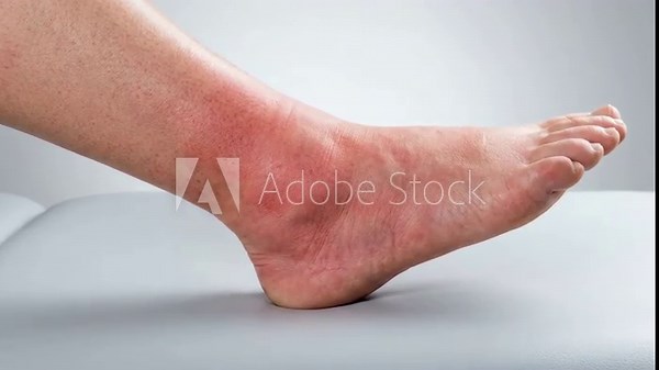 Close-up of a swollen and inflamed ankle showing signs of cellulitis infection.