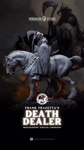 Mindwork Studio on Instagram: "Excited to unveil the Death Dealer Scale 1:24, an iconic tribute to the legendary Frank Frazetta! Crafted with official license by Frazetta Girls, this masterpiece features exceptional sculpting by Antonio Marzii and stunning painting by Matteo Di Diomede. A true collectible for fans and art lovers alike, don’t miss this chance to own a stunning piece of fantasy art history! #DeathDealer #FrankFrazetta #Collectibles #FantasyArt"