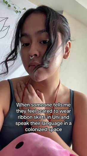 Anytime I have presentations I always wear ribbonskirts, beaded jewellery, and I introduce myself in my language then do a land acknowledgement. There is only a few Indigenous students in my cohort. 95% of the things you think “they might think it’s stupid that I wear ribbonskirts” or “would if someone looks at me weird for wearing this” it is all in your head dear ❤️ I always get compliments wearing ribbon skirts and/or my beaded earrings. And if someone gives you a weird look so what? You are 