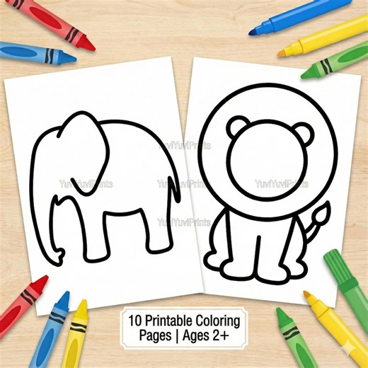 Age 2  Big Animals Coloring Pages for Toddlers | 10 Simple Printable Sheets | Easy Zoo & Jungle Activity | Elephant, Whale - Etsy