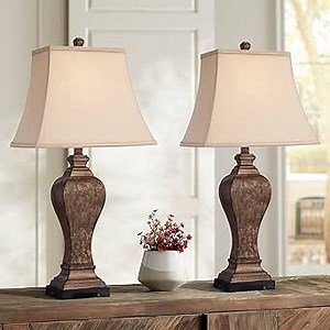 Regency Hill Edgar 29" Tall Urn Traditional Country Cottage Core Farmhouse Rustic End Table Lamps Set of 2 Brown Bronze Finish Living Room Bedroom Bedside Nightstand House Office Fabric Shade