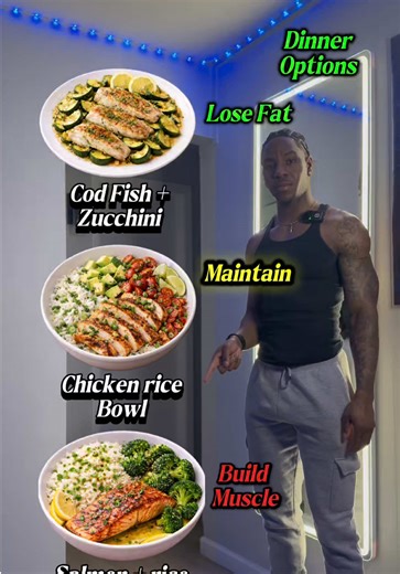 Lets Goo 🔥 Check below: ⬇️ 🟢 LOSE FAT 🥣 Cottage cheese pineapple 🍳 Egg whites veggies 🐟 Cod fish zucchini ➡️ ~300–450 calories High protein, low calorie density → keeps you full while cutting fat. 🟡 MAINTAIN 🍳 Scrambled eggs tomatoes 🍗 Baked chicken roasted vegetables 🍚 Chicken rice bowl ➡️ ~450–650 calories Balanced protein, carbs, and fats → helps maintain weight and performance. 🔴 BUILD MUSCLE 🥔 Eggs hash browns 🍔 Turkey burger sweet potato fries 🐟 Salmon rice olive oil ➡️ ~650–8